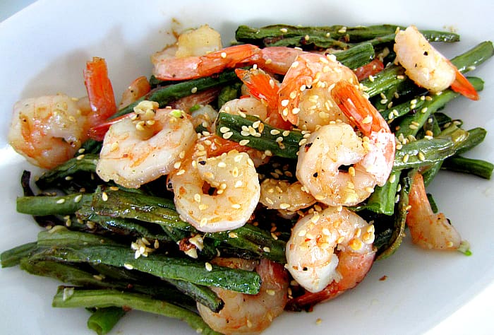 Close-up of a shrimp and vegetables dish.